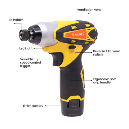 MAF PRO CIDLI1270 12V Li-ion Reversible Variable Speed Cordless Screwdriver/Impact Drill Driver with 6 Screwdriver Bits & 1 Bit Holder, Yellow