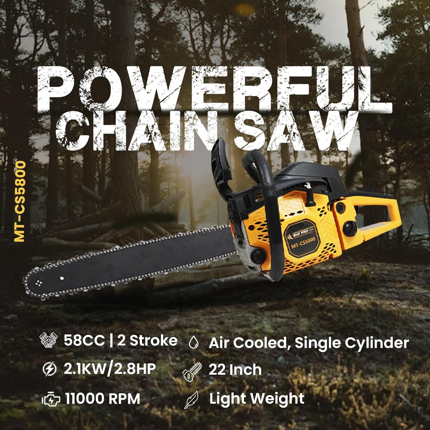 MAF PRO MT-CS5800, 22" 58CC Powerful 2 Stroke Handheld Petrol Chain Saw, Woodcutting Saw for Farm, Garden and Ranch with Tool Kit