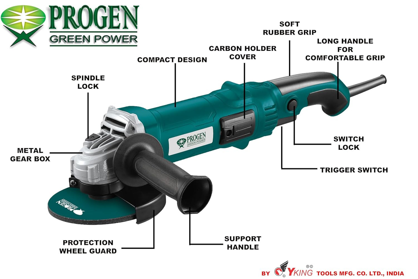 PROGEN 9105-HG, 5-inch, 1600W Heavy Duty Angle Grinder - Versatile Multipurpose Cutter & Grinder Machine for Grinding, Cutting, Sharpening, Polishing - Professional Angle Grinders