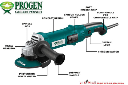 PROGEN 9105-HG, 5-inch, 1600W Heavy Duty Angle Grinder - Versatile Multipurpose Cutter & Grinder Machine for Grinding, Cutting, Sharpening, Polishing - Professional Angle Grinders