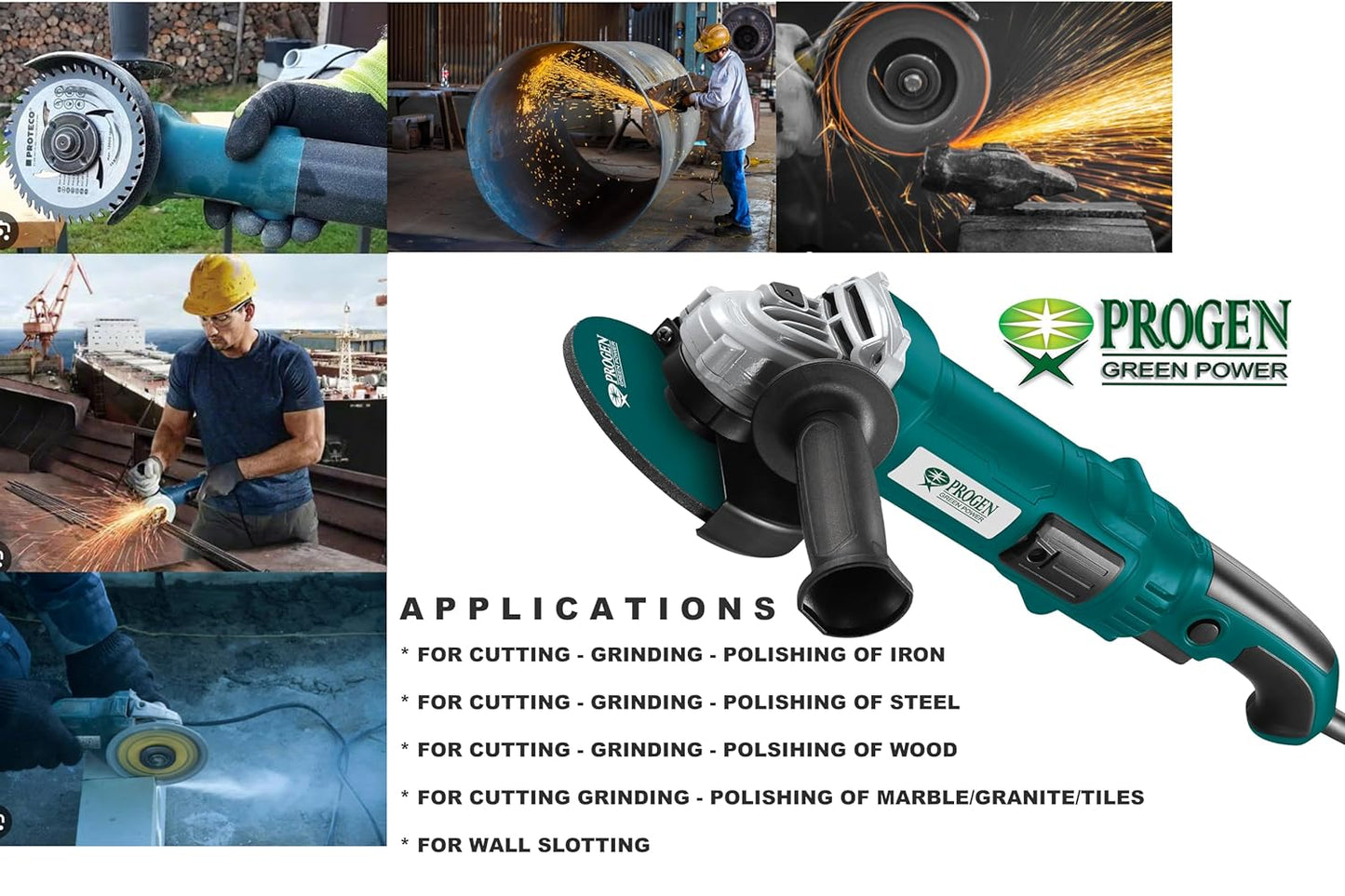 PROGEN 9105-HG, 5-inch, 1600W Heavy Duty Angle Grinder Machine for Grinding, Cutting, Sharpening, Polishing