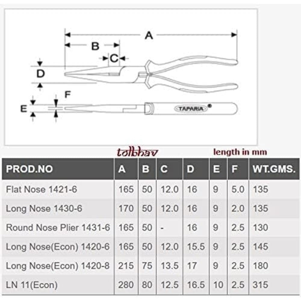 Taparia 205mm/8 inch Econ Series Long Nose Plier