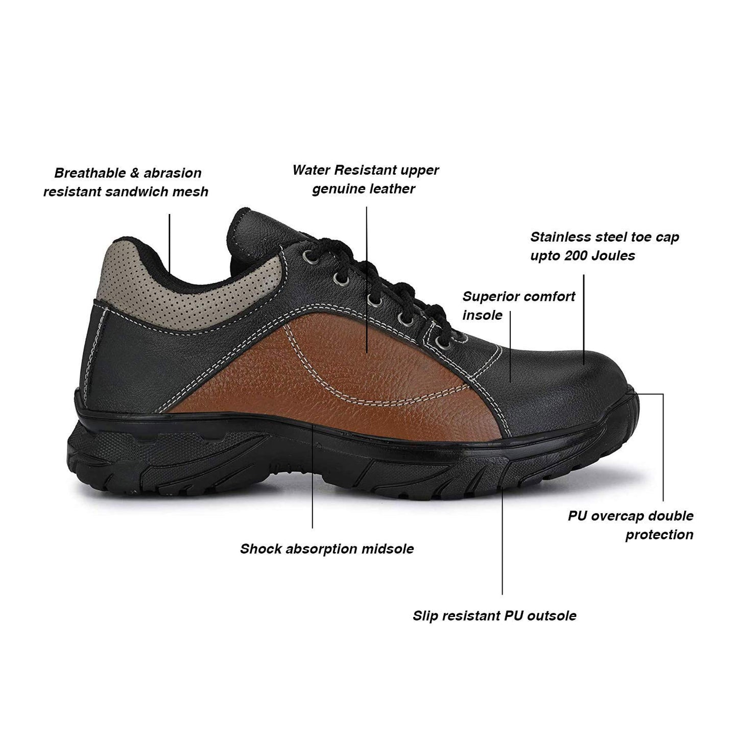 Aegon Thunder Industrial Water Resistant Anti Skid Leather Safety Shoes for Men - Black & Brown