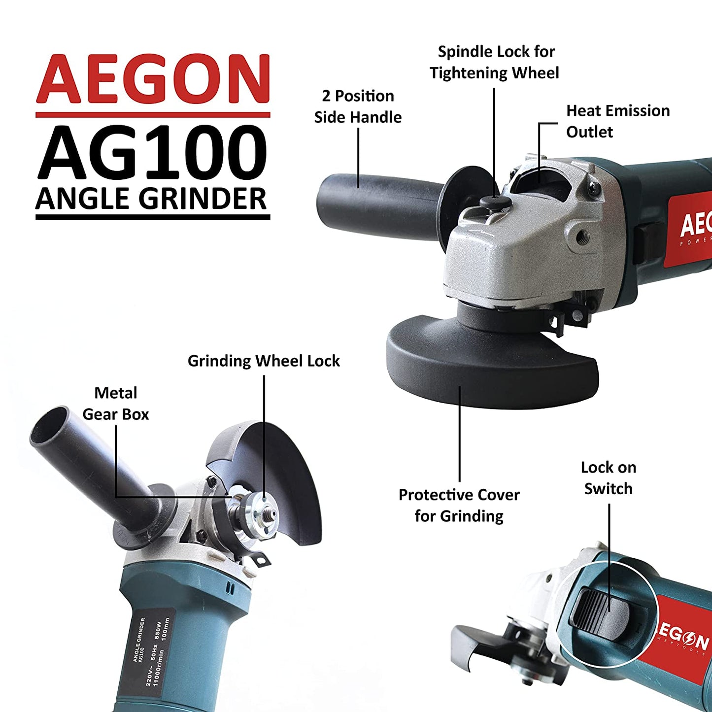 Aegon AG100 - 850W 4-inch Heavy Duty Versatile Multipurpose Angle Grinder (4″/100mm, 11000rpm)