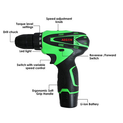 AEGON ACS 12V Green 10mm 12V Reversible Variable Speed Cordless Screwdriver with 2 Batteries & 30 Pc Tool Kit Cordless Drill  (10 mm Chuck Size)