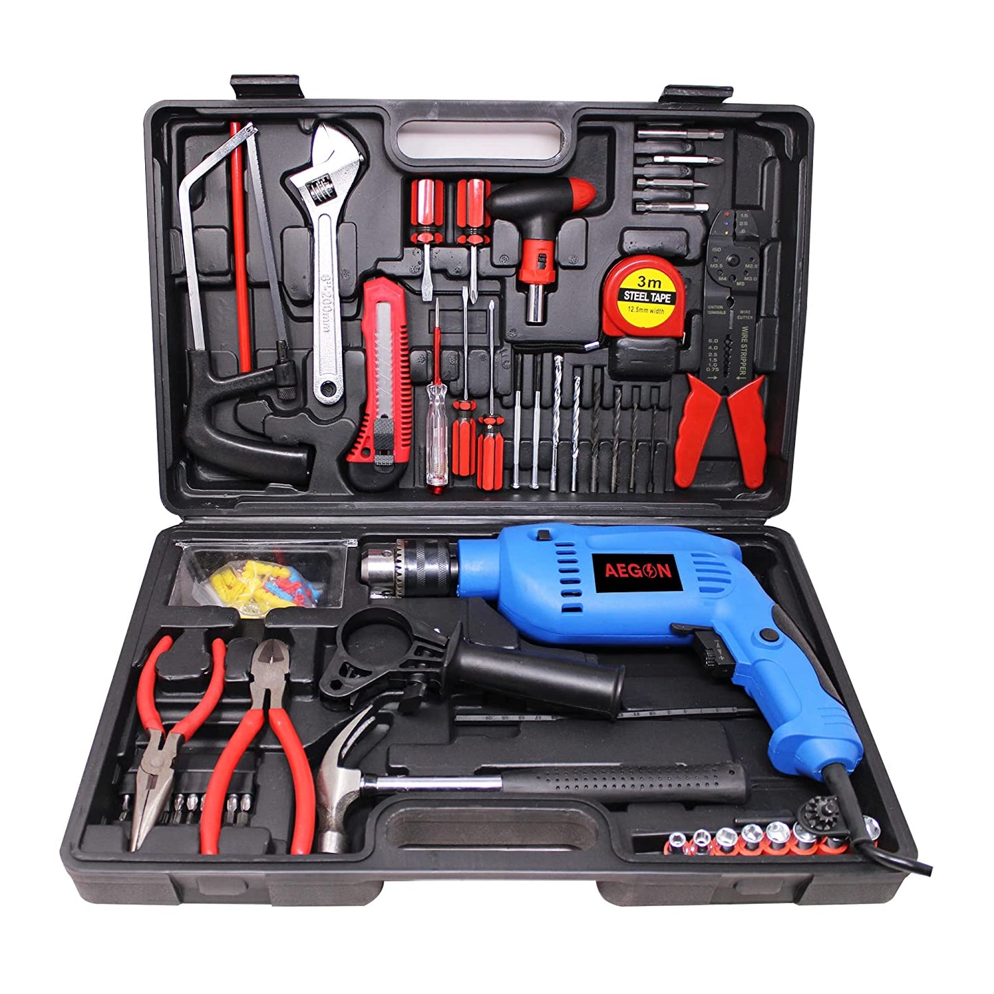 Aegon ADM13MM-Blue 750W Impact Drill Machine/Screwdriver & Hand Tools Kit with 121 Accessories for DIY, Home and Professional Use