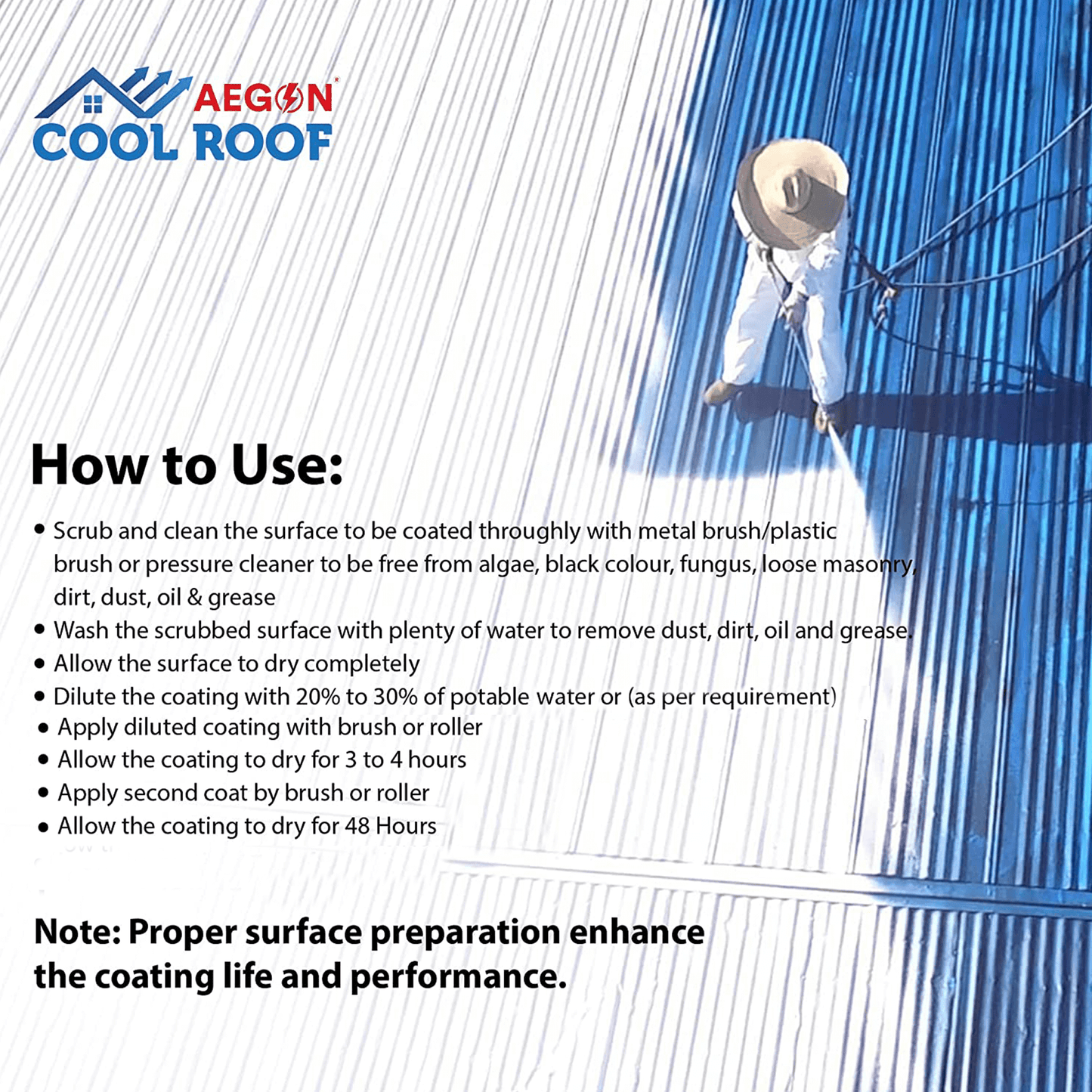 Aegon Cool Roof Coating - High SRI Heat Resistant, Terrace Cooling Paint (10 Ltrs, Covers 300 Sq.ft)